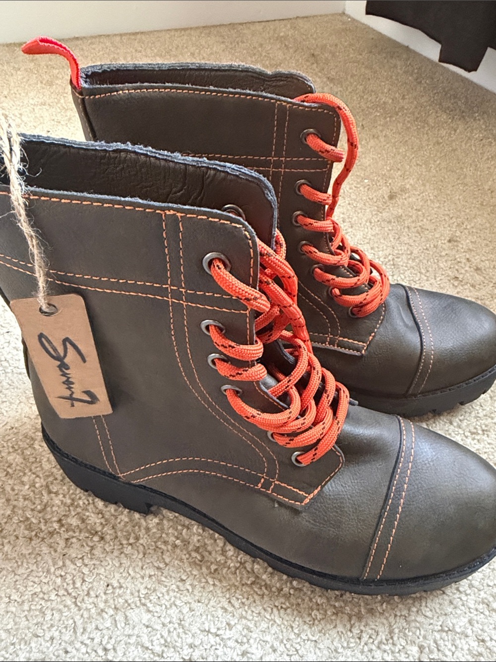 Seven7 Brown Leather Lace-Up Boots with Orange Laces